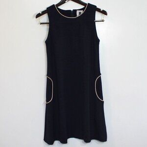 Lisa Perry Navy and Cream Shortsleeve Jumper Dress with Circle Pockets (Size 2)